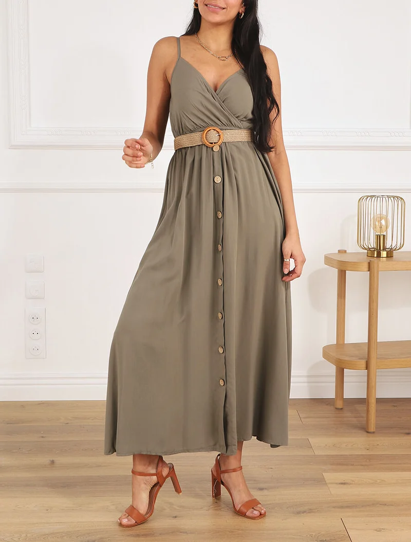 Robe longue unie à bretelles et boutons - Kaki
