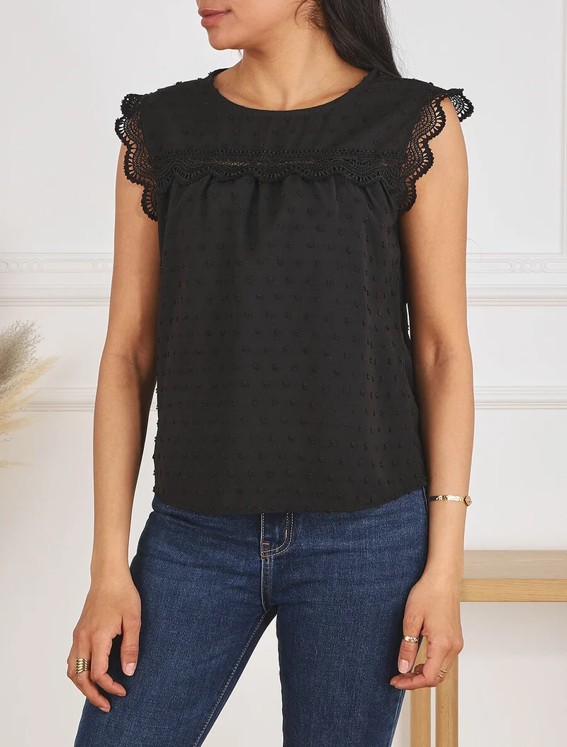 Blouse unie sans manches texturée - Noir