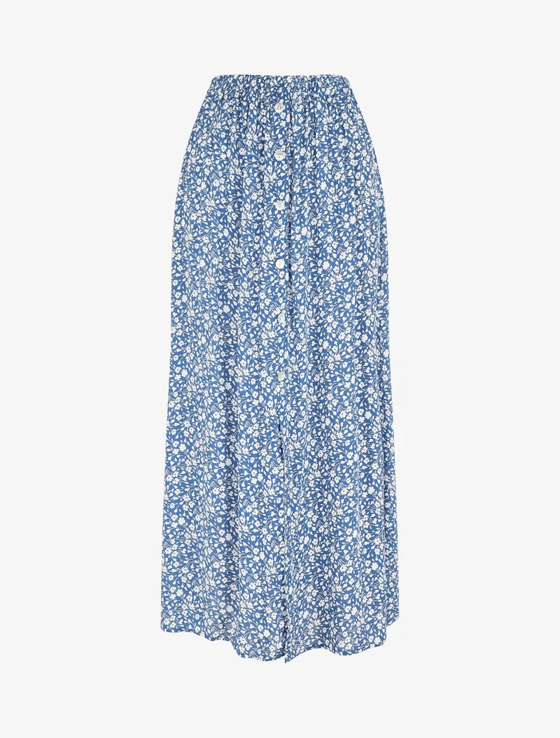 Jupe midi fleurie évasée à boutons - Bleu