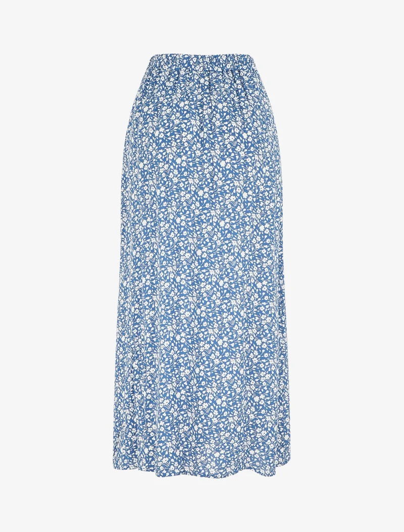 Jupe midi fleurie évasée à boutons - Bleu