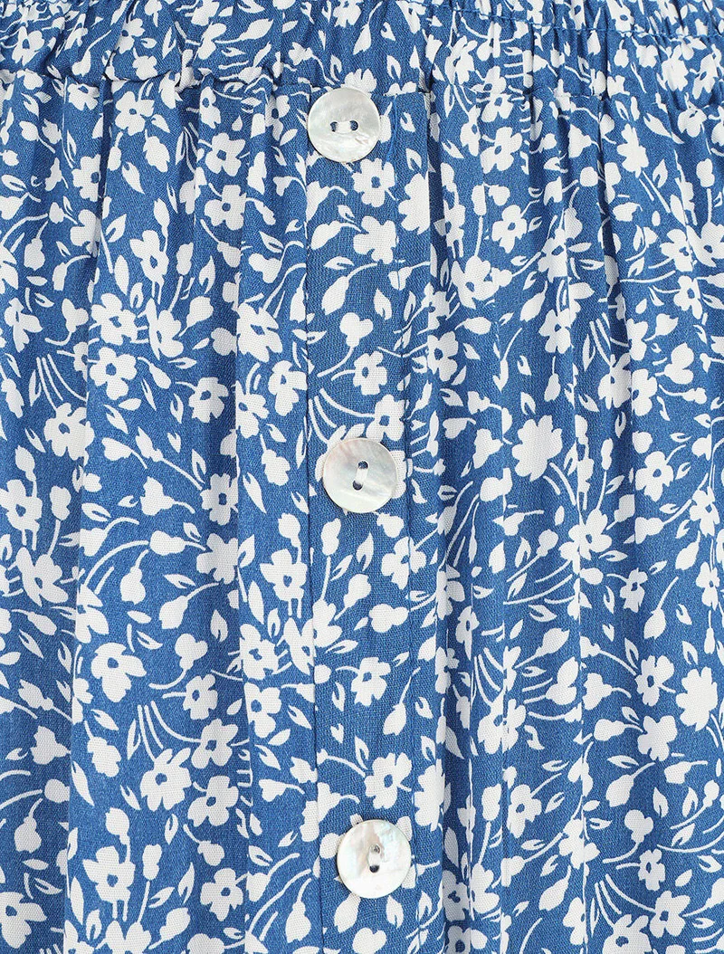 Jupe midi fleurie évasée à boutons - Bleu