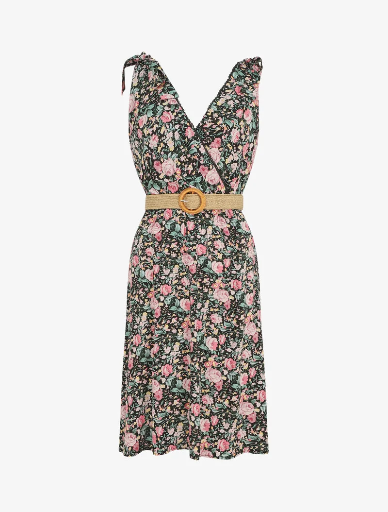 Robe mi-longue sans manches imprimé fleurs sauvages - Noir