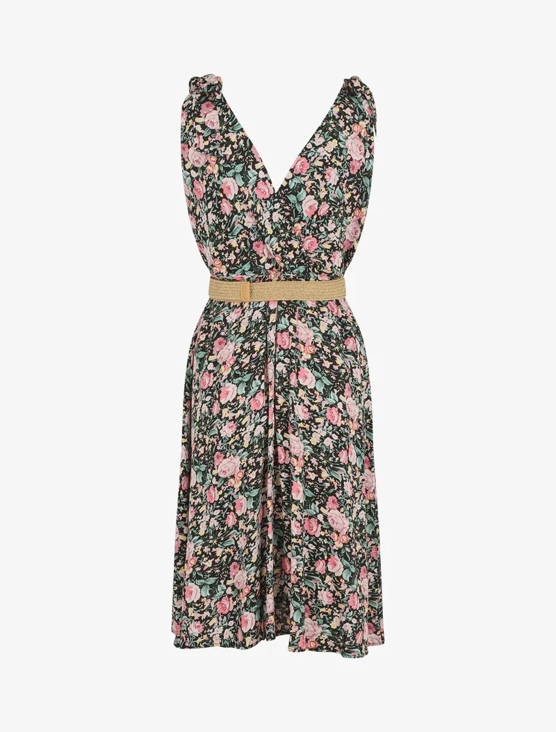 Robe mi-longue sans manches imprimé fleurs sauvages - Noir