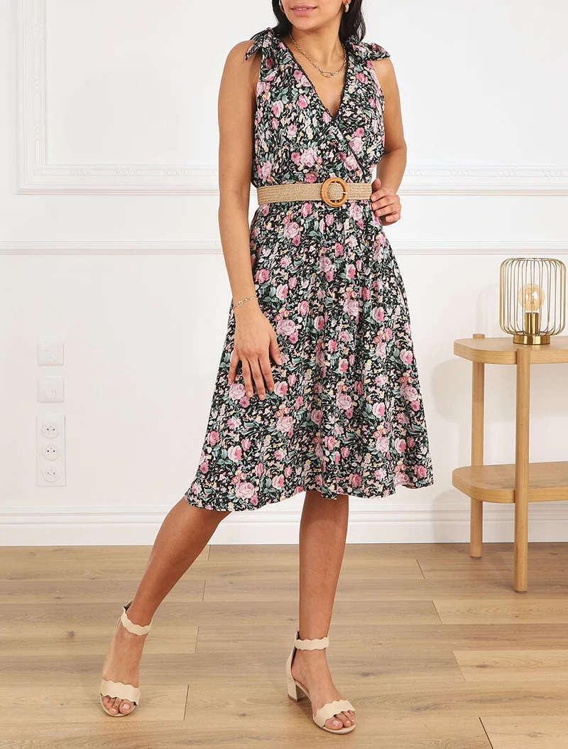 Robe mi-longue sans manches imprimé fleurs sauvages - Noir