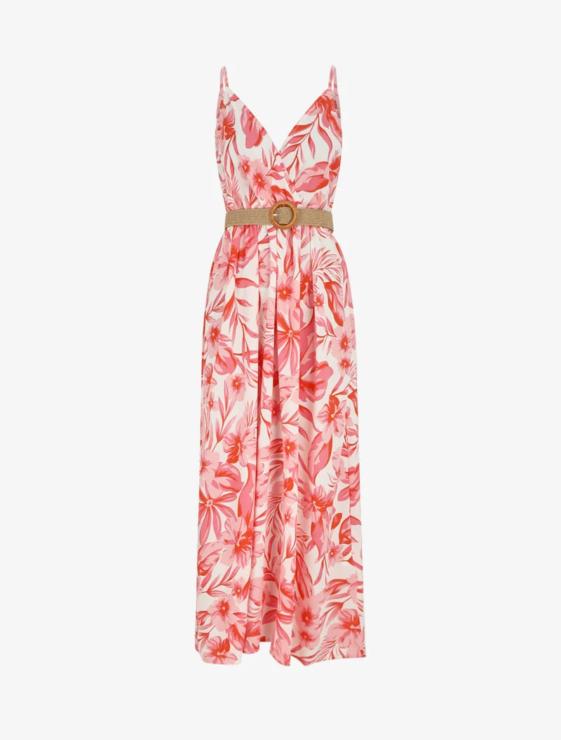 Robe longue imprimé grandes fleurs à bretelles - Rouge