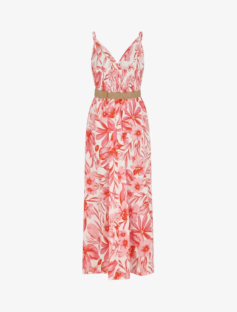 Robe longue imprimé grandes fleurs à bretelles - Rouge