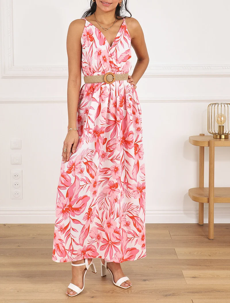 Robe longue imprimé grandes fleurs à bretelles - Rouge