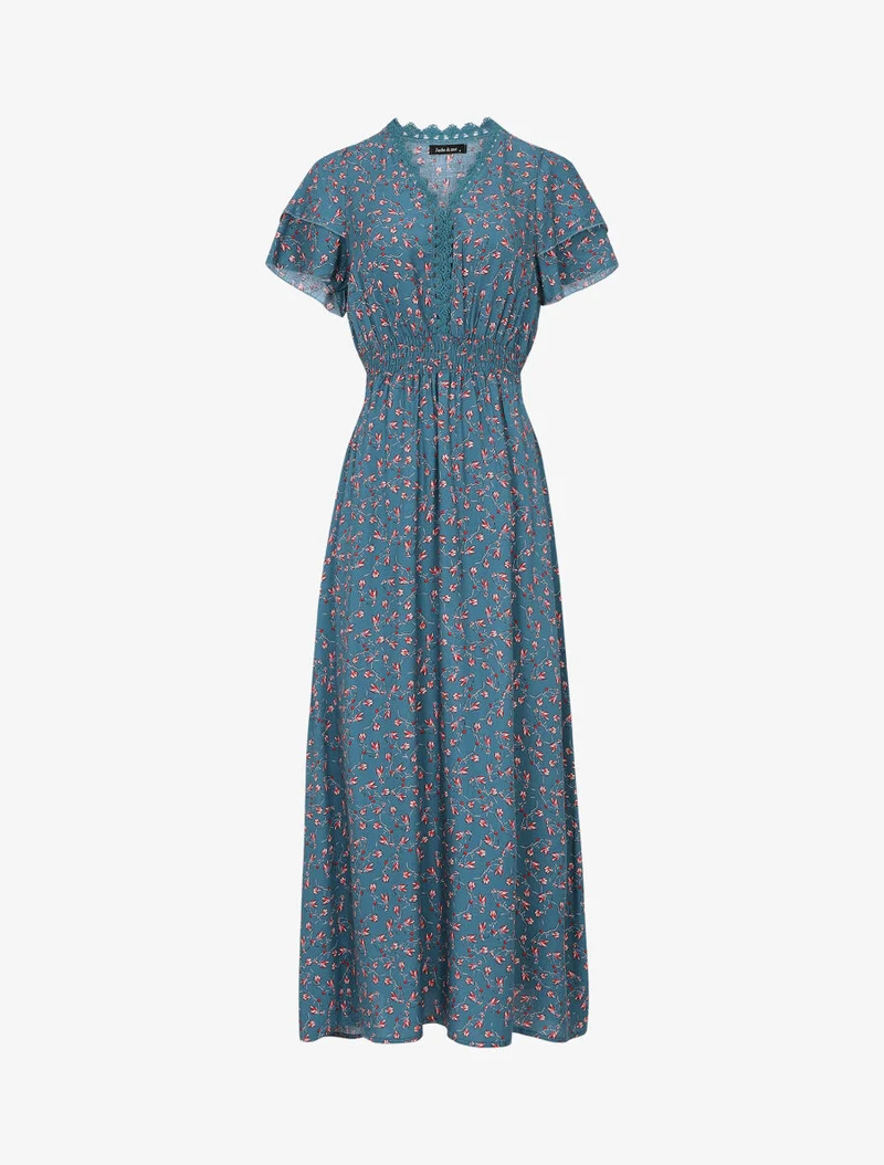 Robe imprimé petites fleurs à double manches - Bleu canard