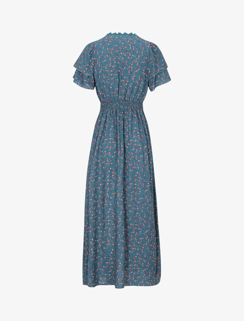 Robe imprimé petites fleurs à double manches - Bleu canard