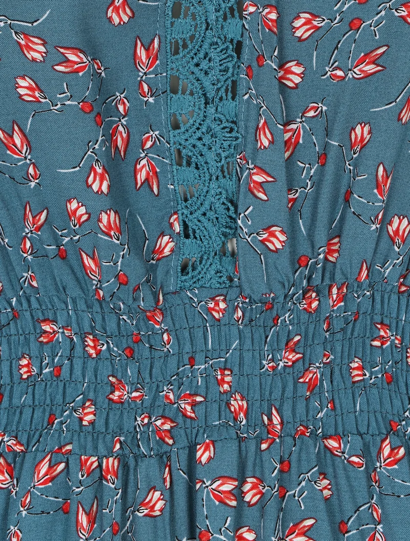 Robe imprimé petites fleurs à double manches - Bleu canard