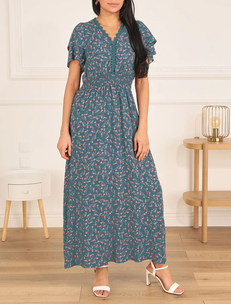 Robe imprimé petites fleurs à double manches - Bleu canard