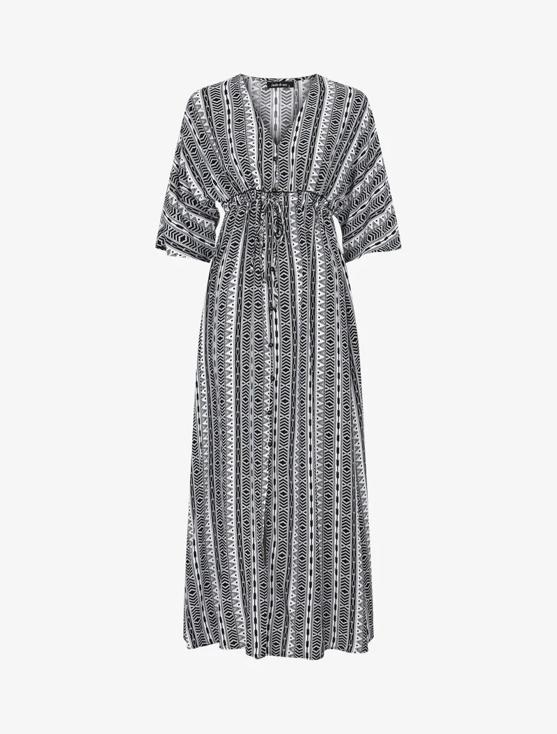 Robe longue imprimé graphique à manches 3/4 - Noir