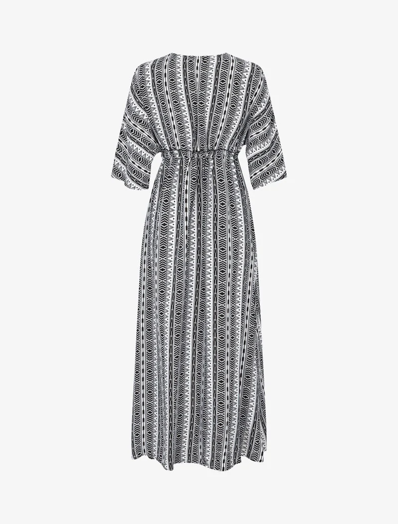 Robe longue imprimé graphique à manches 3/4 - Noir