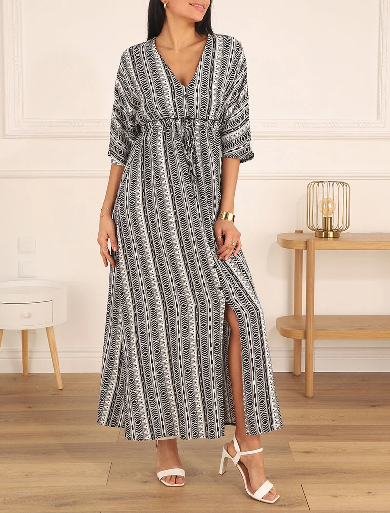 Robe longue imprimé graphique à manches 3/4 - Noir