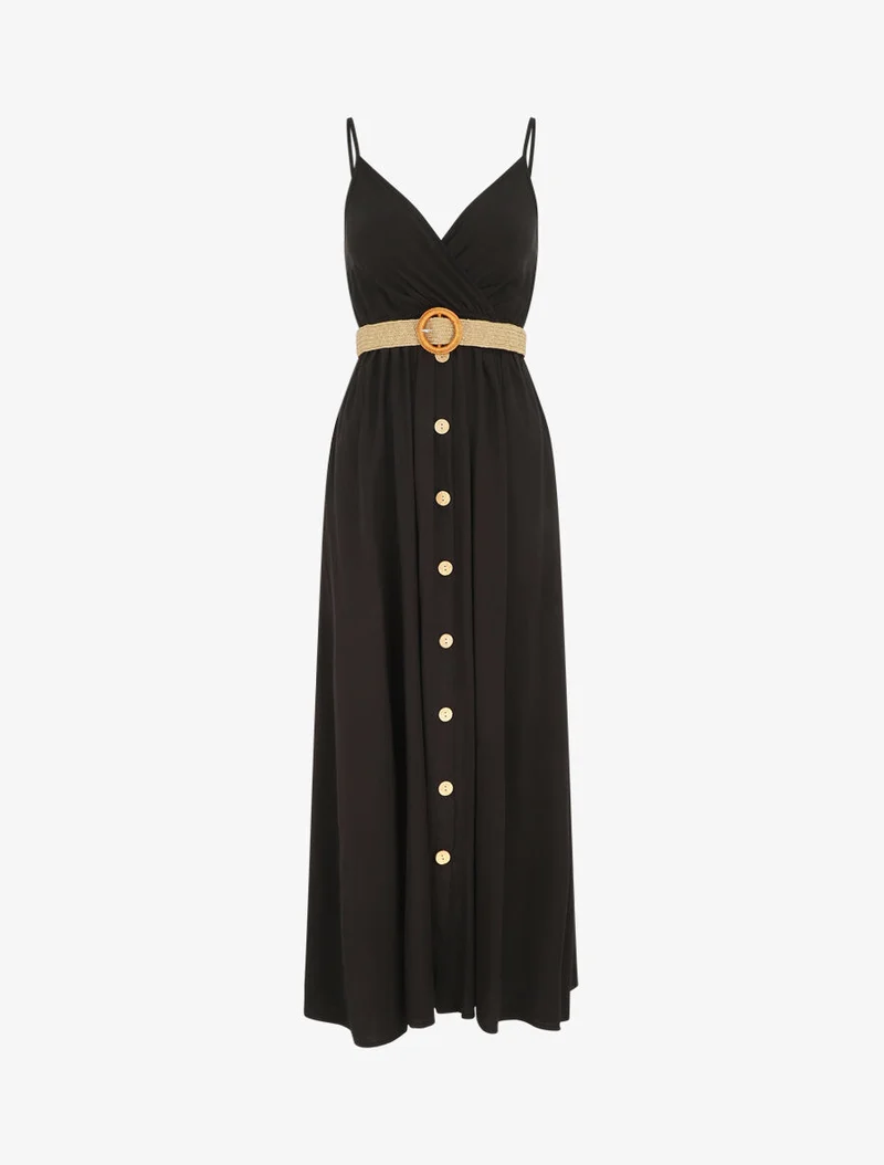 Robe longue unie à bretelles et boutons - Noir