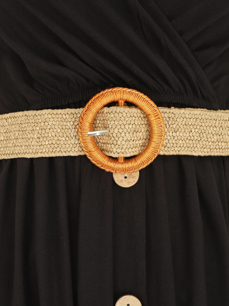 Robe longue unie à bretelles et boutons - Noir
