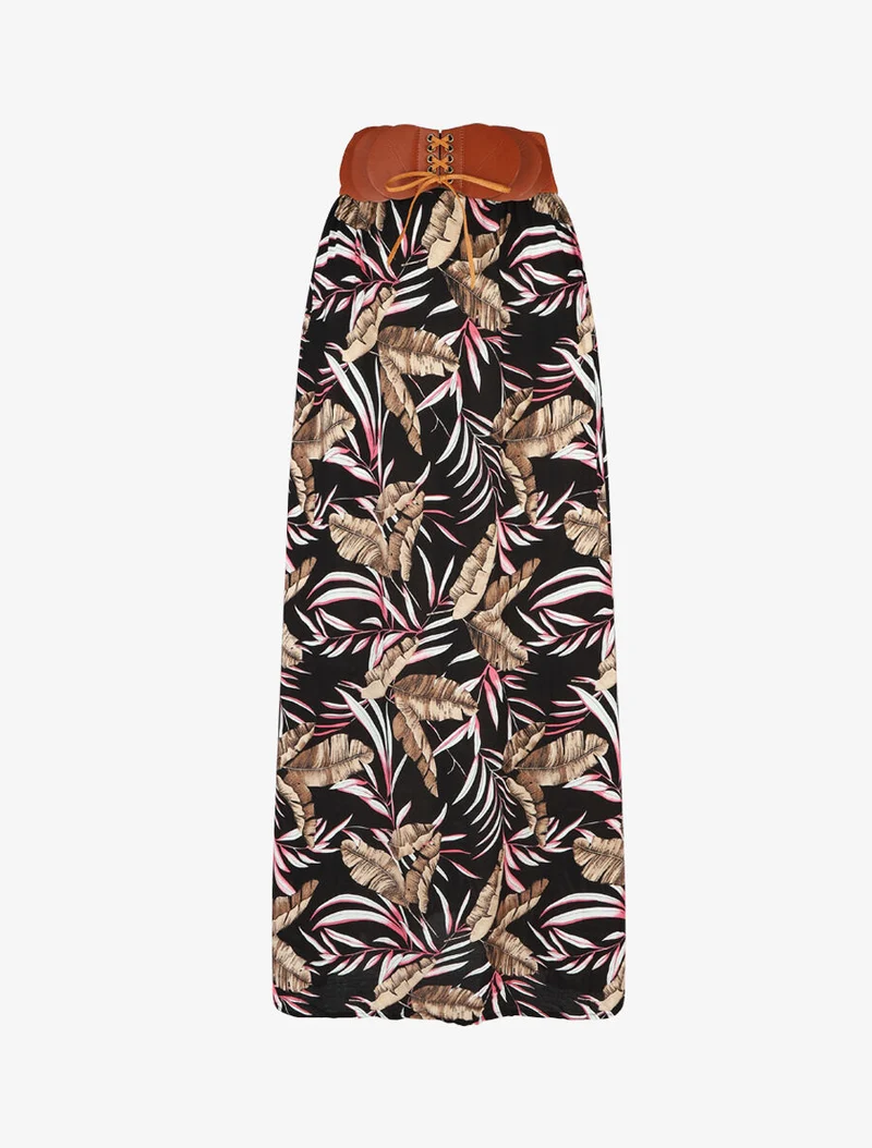 Jupe imprimée à taille haute ceinture stylisée - Noir