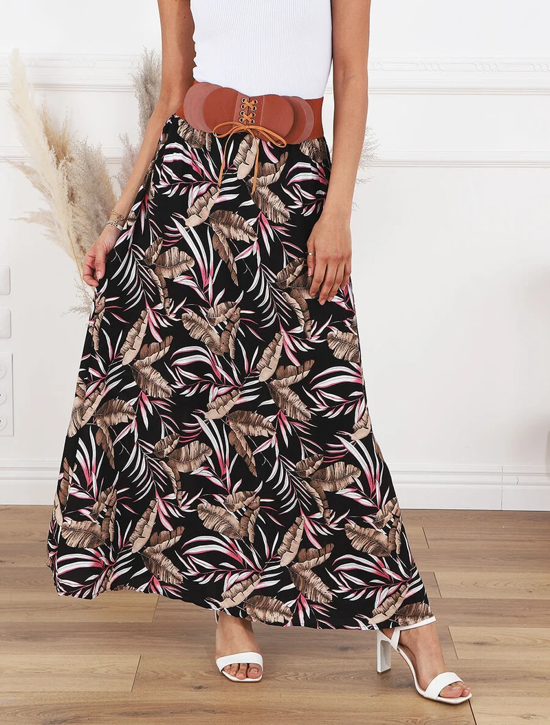 Jupe imprimée à taille haute ceinture stylisée - Noir