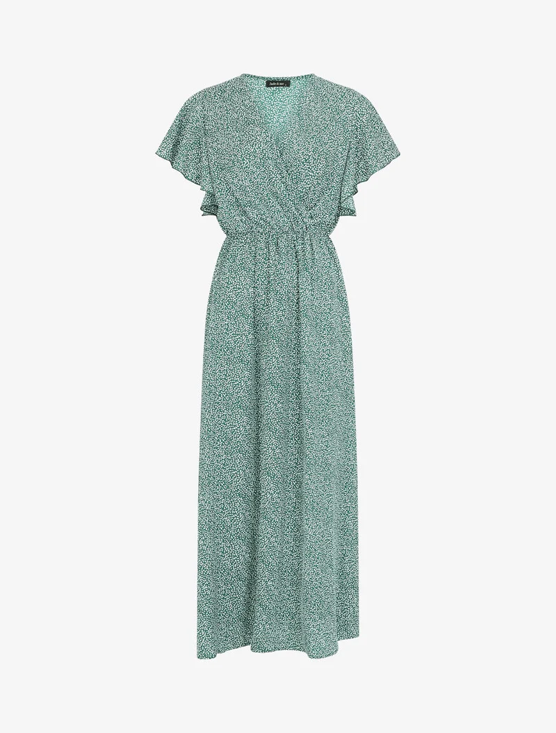 Robe longue imprimé floral à manches courtes volantées - Vert