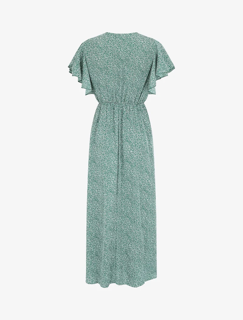 Robe longue imprimé floral à manches courtes volantées - Vert