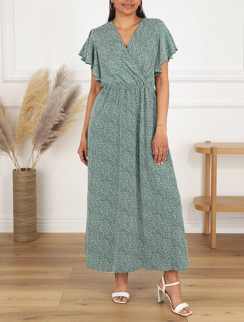 Robe longue imprimé floral à manches courtes volantées - Vert