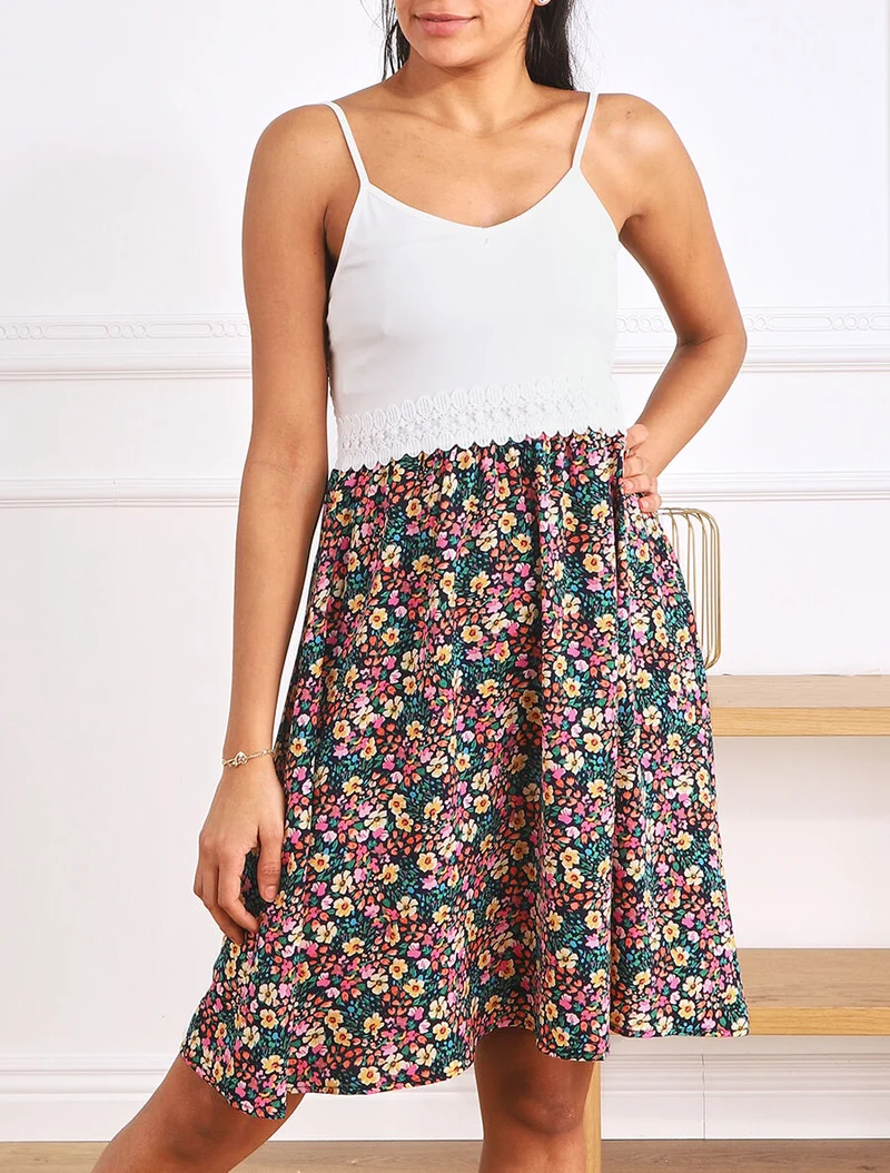 Robe à bretelles imprimé petites fleurs - Marine