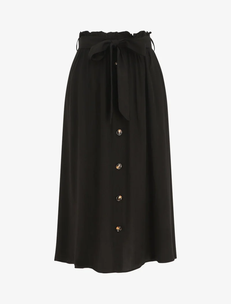 Jupe midi unie évasée à boutons - Noir