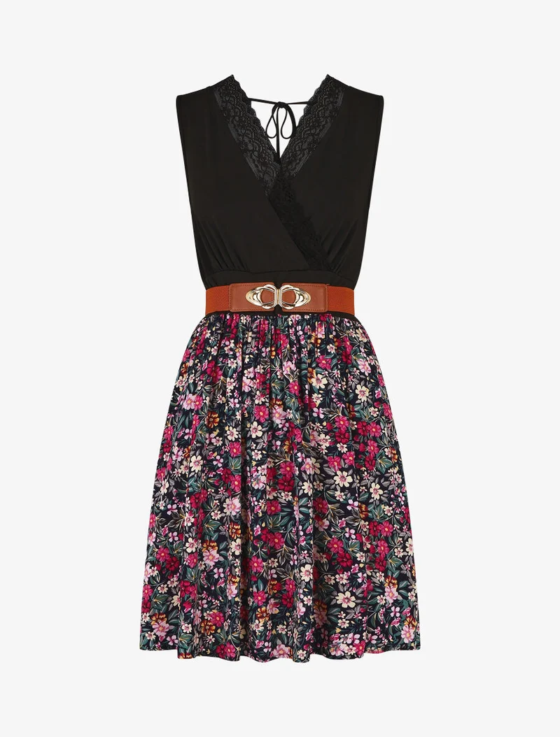 Robe mi-longue fleurie sans manches col dentelle - Marine