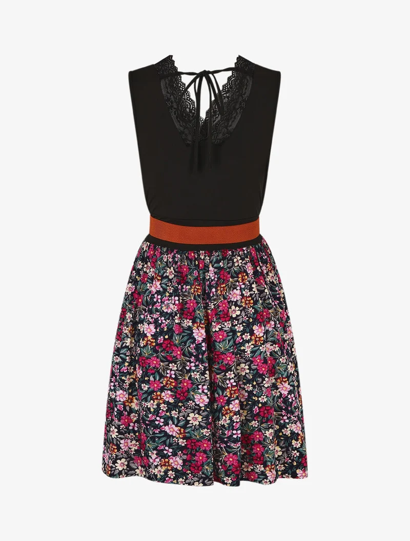 Robe mi-longue fleurie sans manches col dentelle - Marine