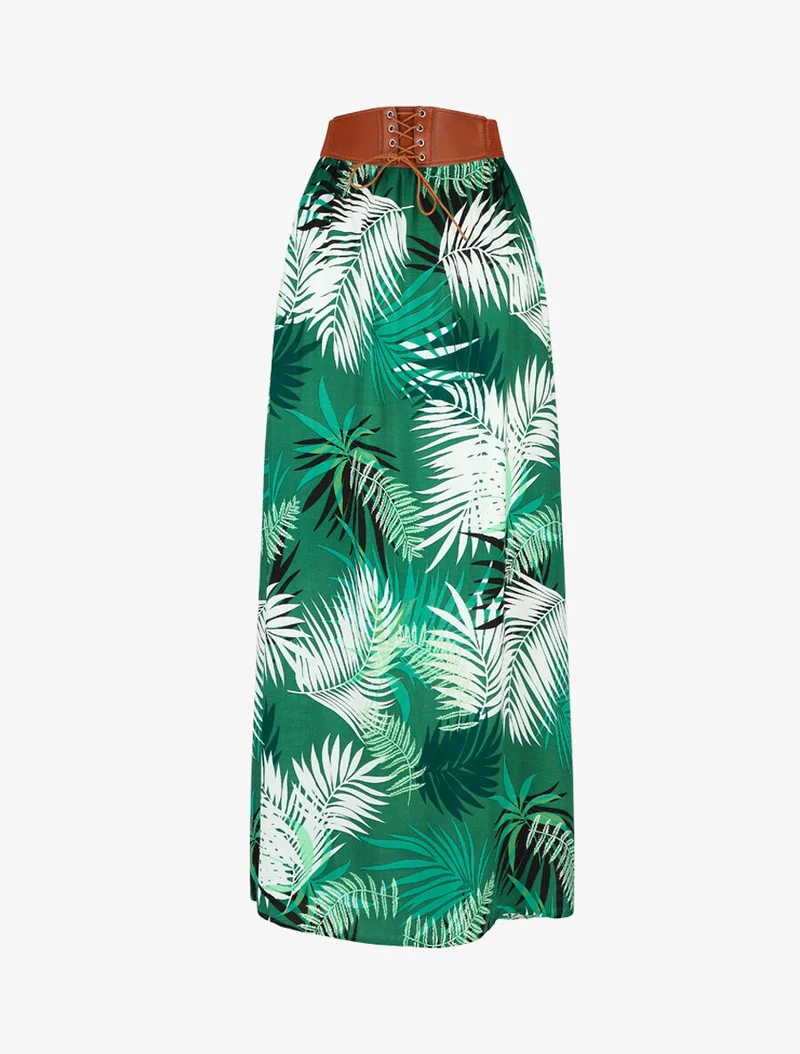 Jupe longue évasée imprimé tropical - Vert