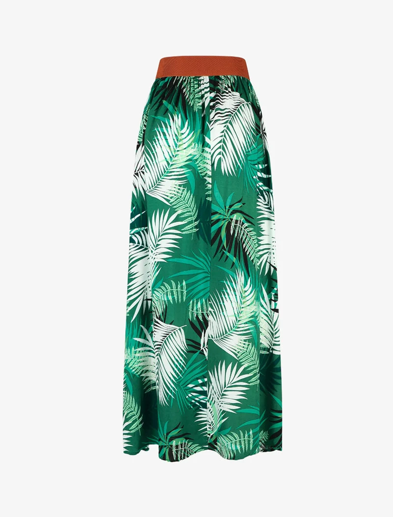 Jupe longue évasée imprimé tropical - Vert