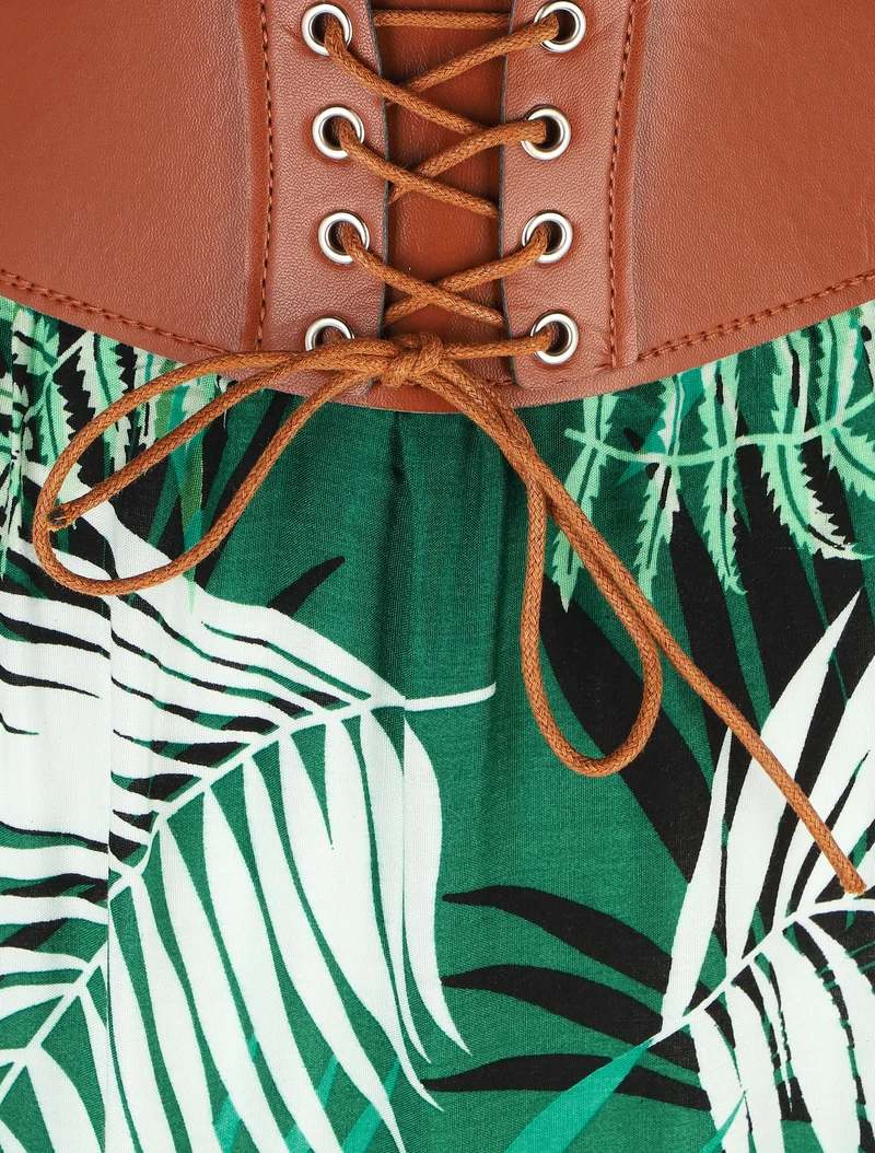 Jupe longue évasée imprimé tropical - Vert
