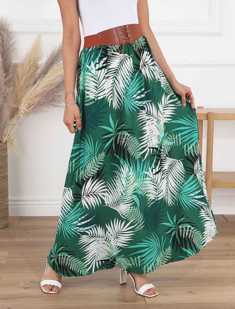Jupe longue évasée imprimé tropical - Vert