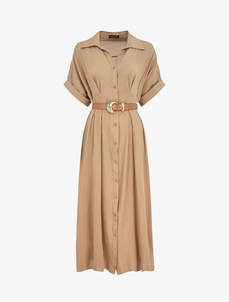 Robe chemise longue ceinturée - Camel