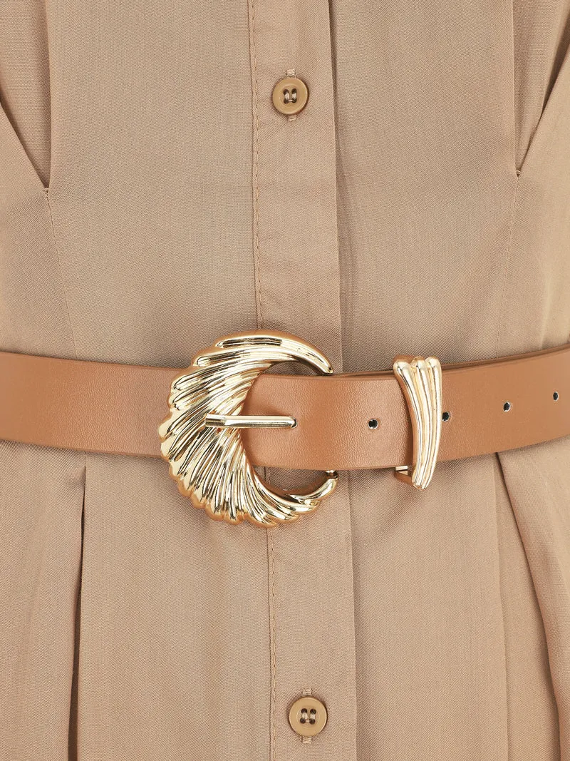 Robe chemise longue ceinturée - Camel