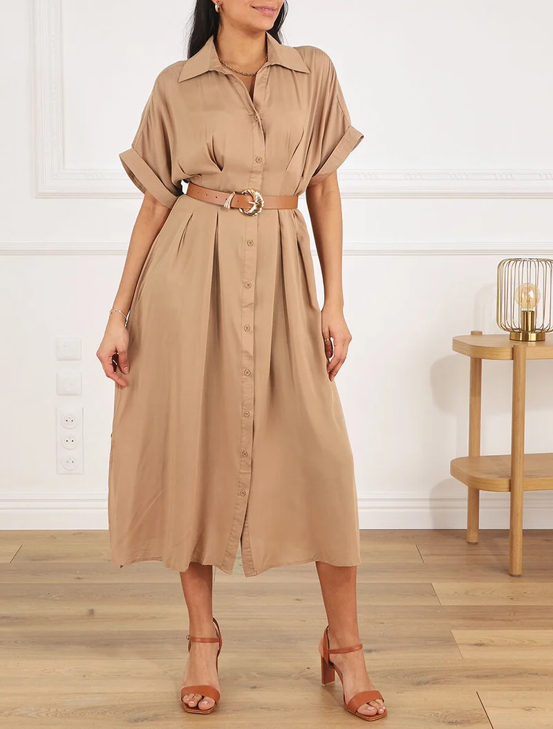 Robe chemise longue ceinturée - Camel
