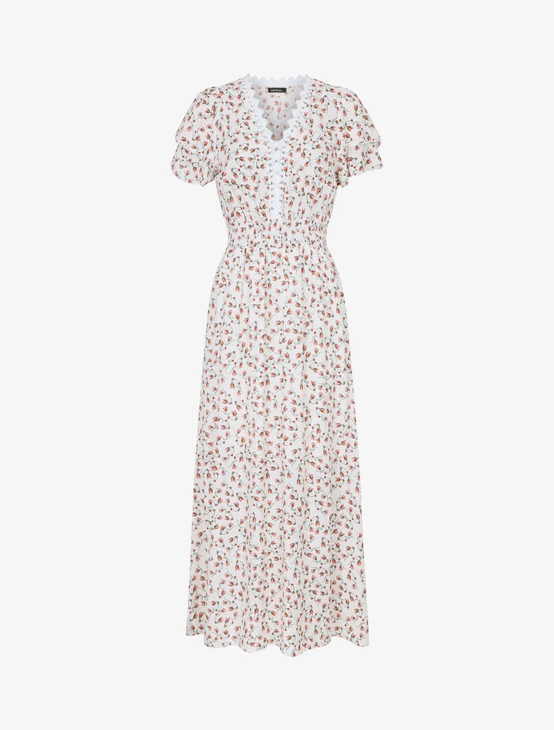 Robe imprimé petites fleurs à double manches - Blanc