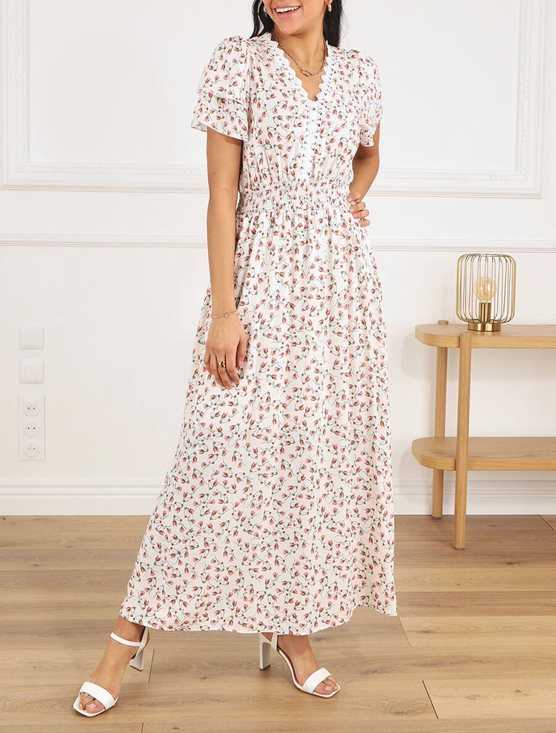 Robe imprimé petites fleurs à double manches - Blanc
