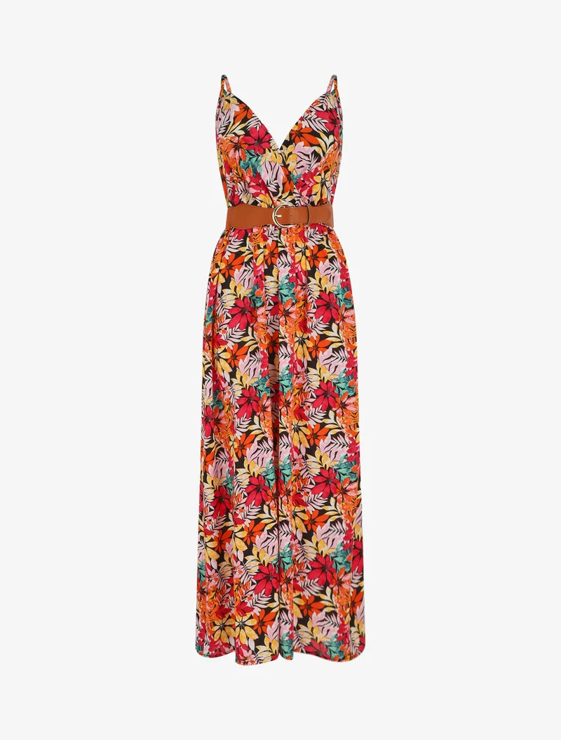 Robe longue imprimé feuilles sauvages à bretelles - Noir/orange