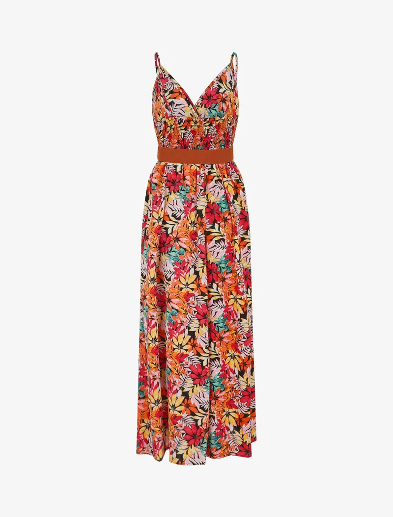 Robe longue imprimé feuilles sauvages à bretelles - Noir/orange