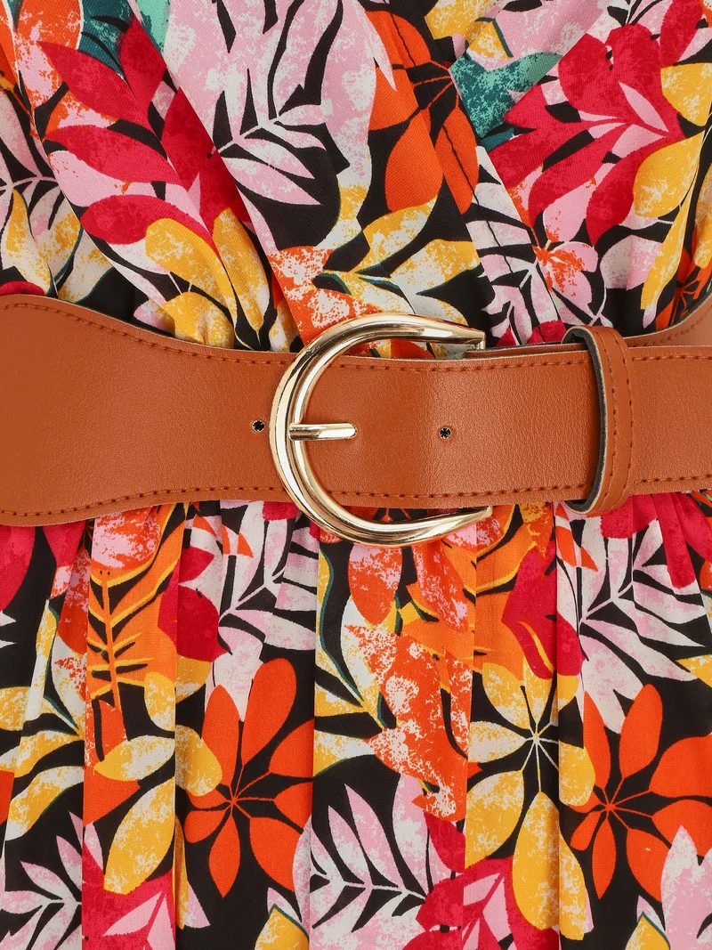 Robe longue imprimé feuilles sauvages à bretelles - Noir/orange