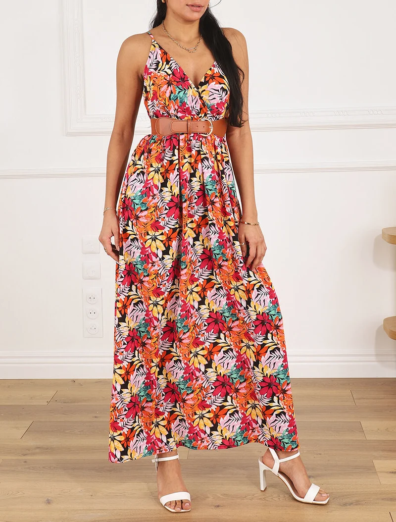 Robe longue imprimé feuilles sauvages à bretelles - Noir/orange