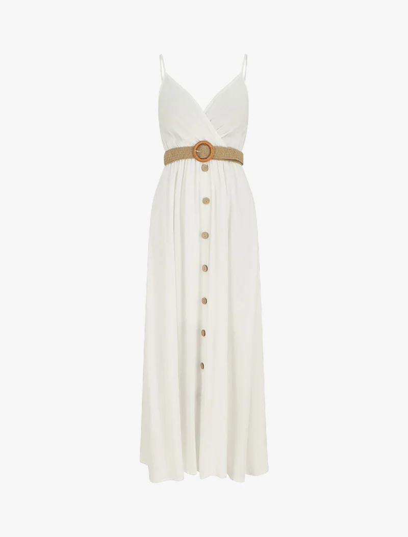 Robe longue unie à bretelles et boutons - Blanc