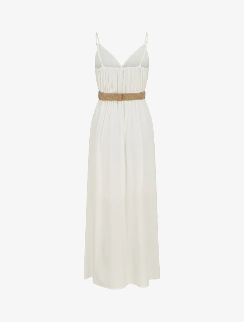 Robe longue unie à bretelles et boutons - Blanc