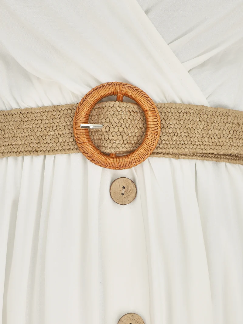 Robe longue unie à bretelles et boutons - Blanc