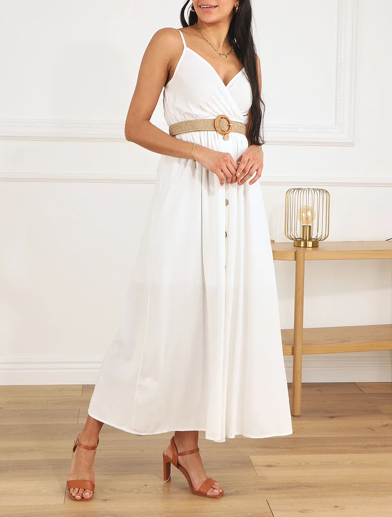 Robe longue unie à bretelles et boutons - Blanc