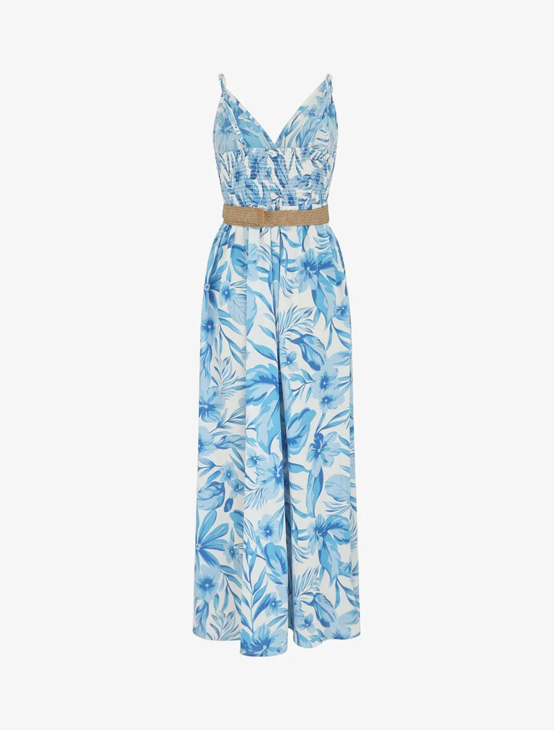Robe longue imprimé grandes fleurs à bretelles - Bleu