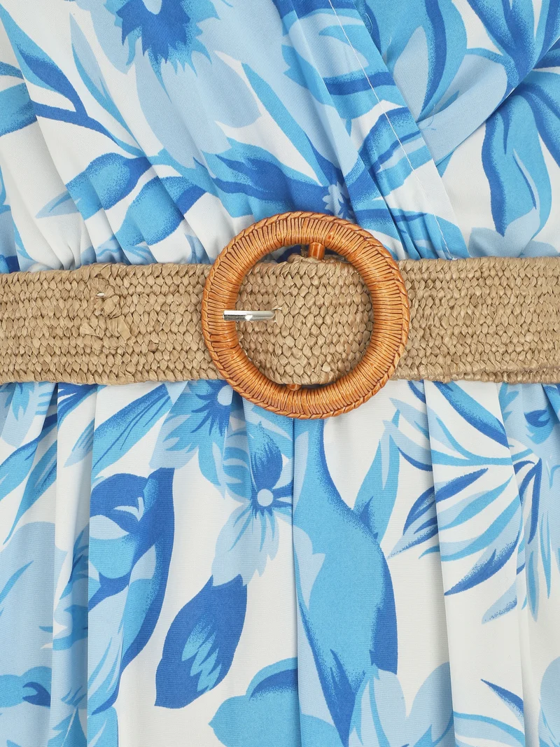 Robe longue imprimé grandes fleurs à bretelles - Bleu