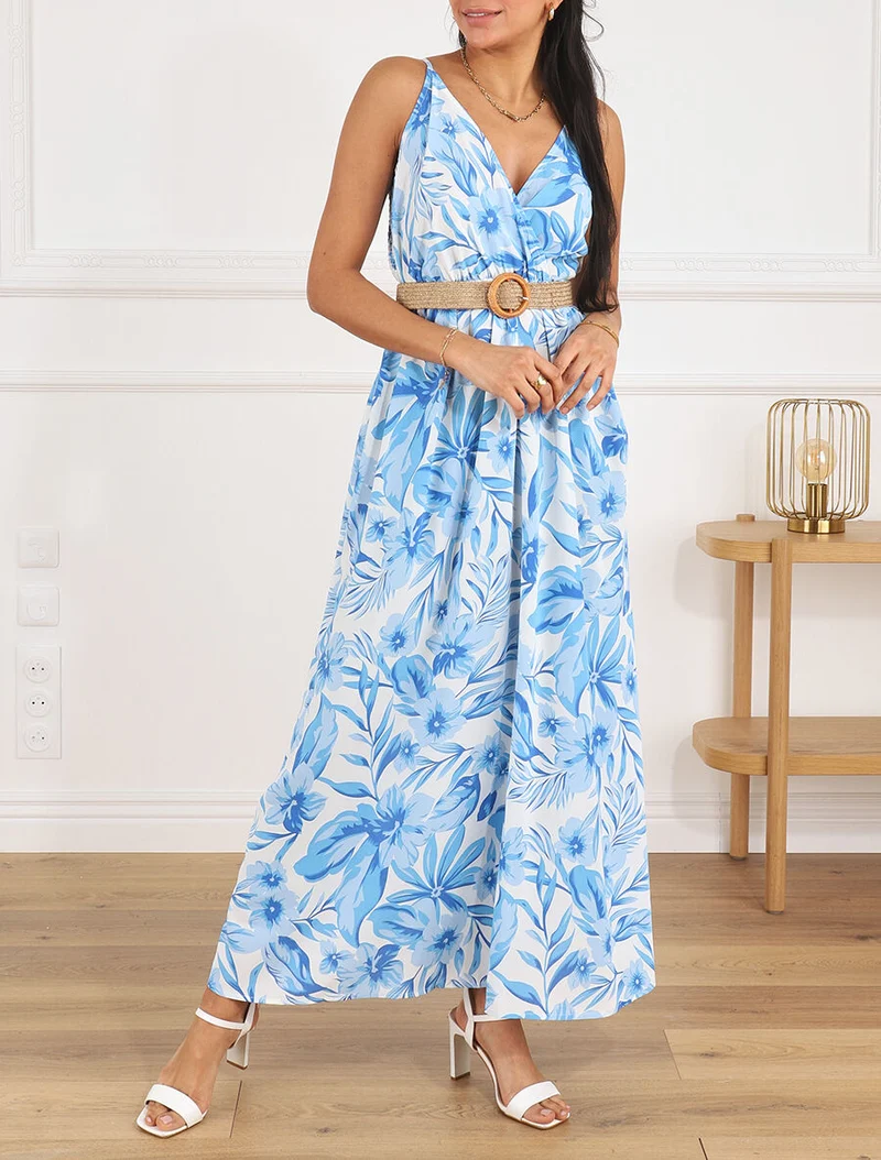 Robe longue imprimé grandes fleurs à bretelles - Bleu