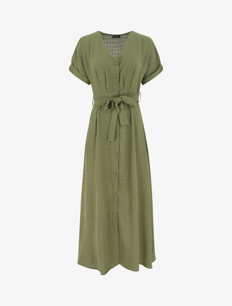 Robe longue unie ceinturée - Kaki
